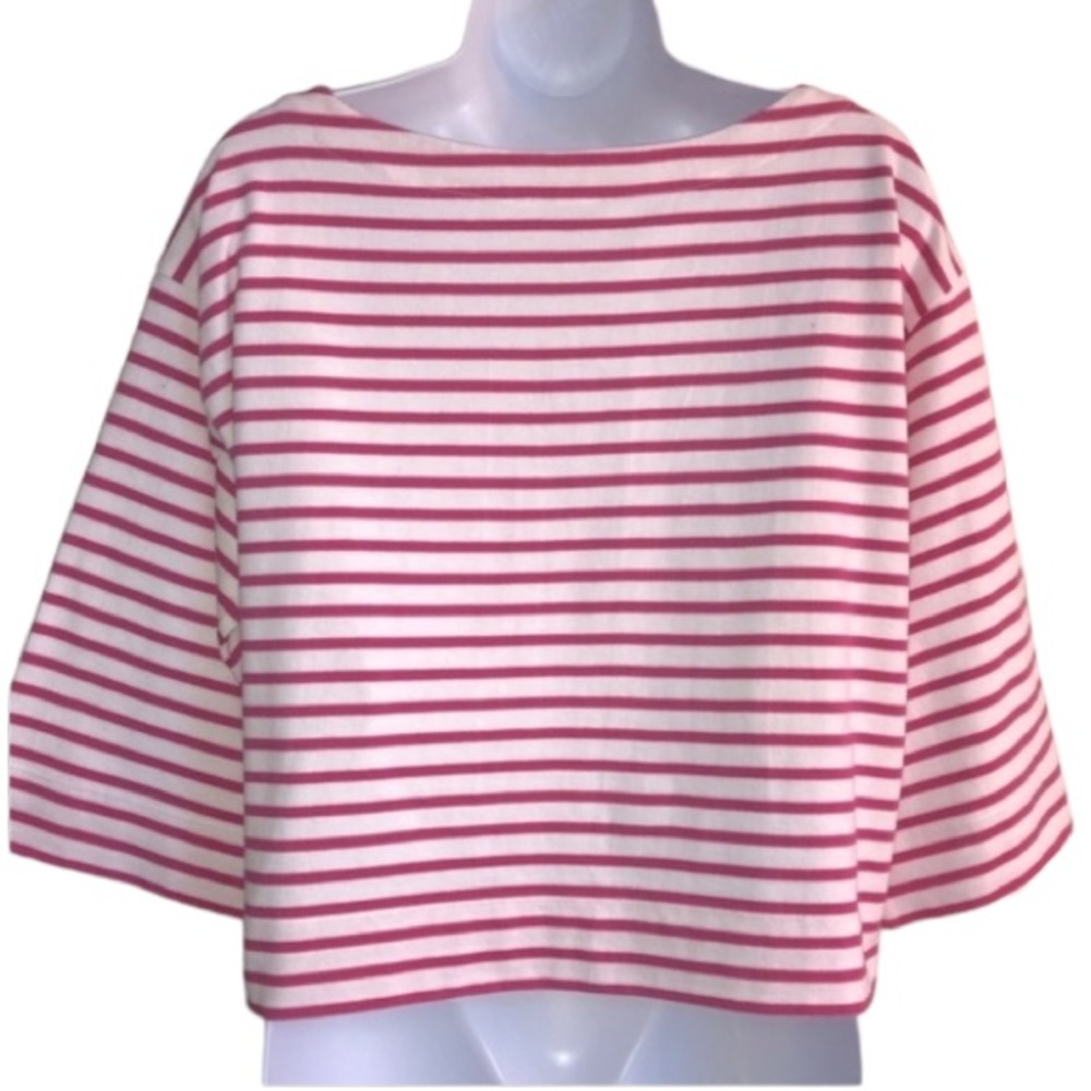 On 34th Women’s XS Cotton Fuchsia Pink Stripe boat neck wide 3/4 sleeve top NWT - Picture 2 of 13